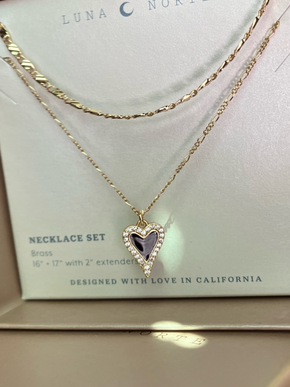 Luna Norte Gold Layered Necklace with Black Heart Pendant &  5 FREE HAIR CLIPS!!